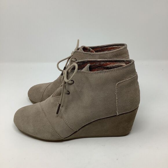 TOMS Wedge Bootie Womens 10 Beige Suede Wedge Ankle Booties Lace Up Desert Taupe - Picture 6 of 16